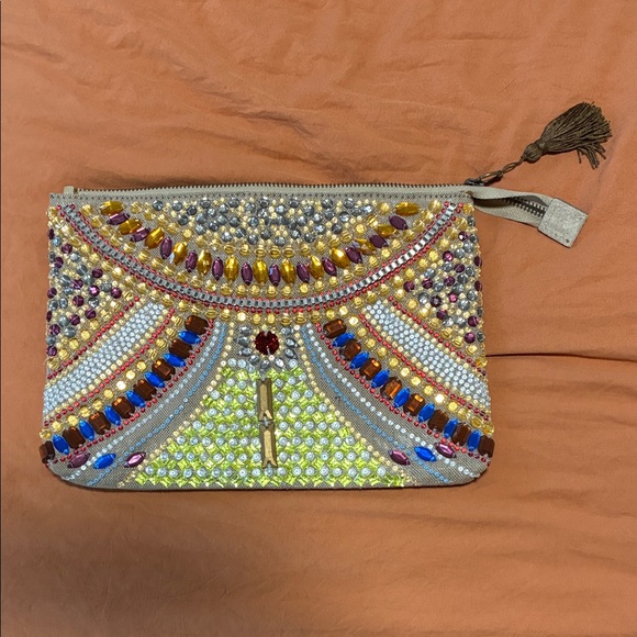 Jasper & Jeera Handbags - NWOT Beaded Multicolor Embellished Clutch with Tassel Zip